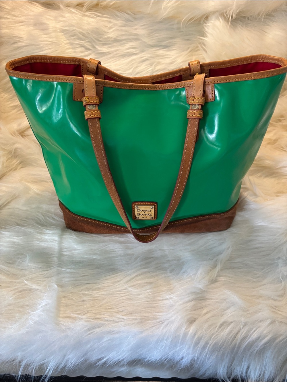 Dooney & Bourke Green Patent Tote with Brown Leather Trim